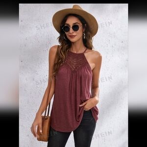 SheIn LUNE Solid Cutout Detail, Tie Back Halter Top, Burgundy, L